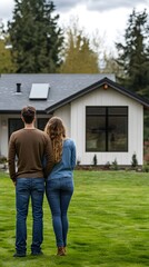 Portrait of a young couple standing in front of their modern house.