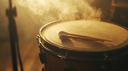 Obraz premium A close-up of a drum with a mallet resting on its surface, surrounded by an atmosphere of smoke and warm lighting.