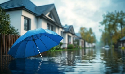 House covered with blue umbrella to protect it from rain and storm. Flood on the streets. Concept of home insurance.