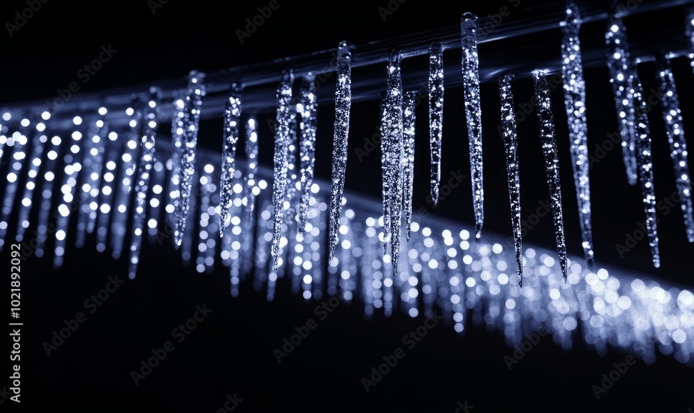 Poster icicle lights arranged in a precise, linear pattern along a roofline, creating a sharp, geometric ef