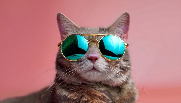 Cat wearing sunglasses on a pink color background, Funny cat, background with copy space