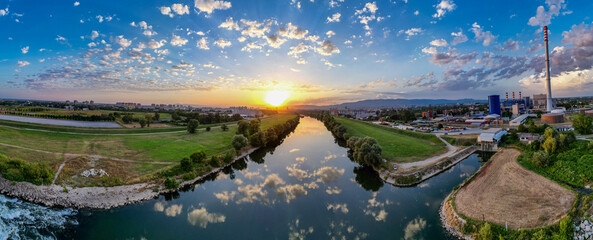 Aerial panorama of Sava riverbanks in the city of Zagreb, Croatia during wonderful sunset © Miroslav Posavec