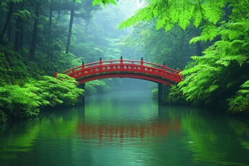 A red wooden bridge spans a tranquil river surrounded by lush greenery and mist in a serene forest setting.