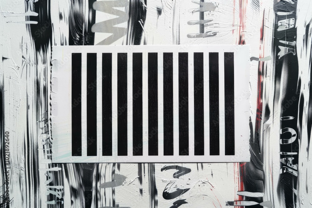 Poster black and white stripes pattern is glued on a wall with abstract brushstrokes, creating a textured a