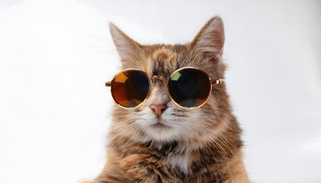 Cat wearing sunglasses on a white color background, Funny cat, background with copy space