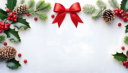 Christmas banner frame featuring traditional elements like holly, red berries, pine cones, Chrismas background, with copy space