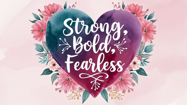 Heart-shaped design with floral elements and motivational text.