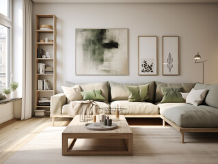 Simple minimalist japandi and wabi sabi style living room with reclaimed wood furniture in neutral colors. Reused materials furniture. Rustic interior.