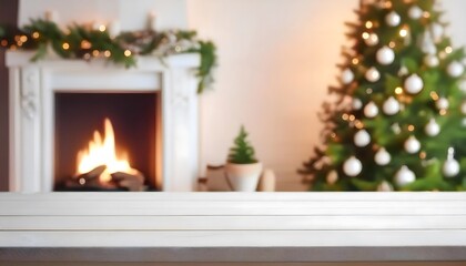 Christmas empty table with christmas tree and fireplace with copy space; template, Chrismas Mockup