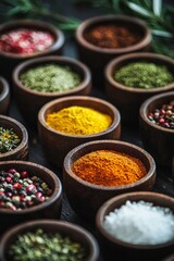Fototapeta premium A close-up of colorful spices neatly arranged in small bowls on a dark wooden surface.