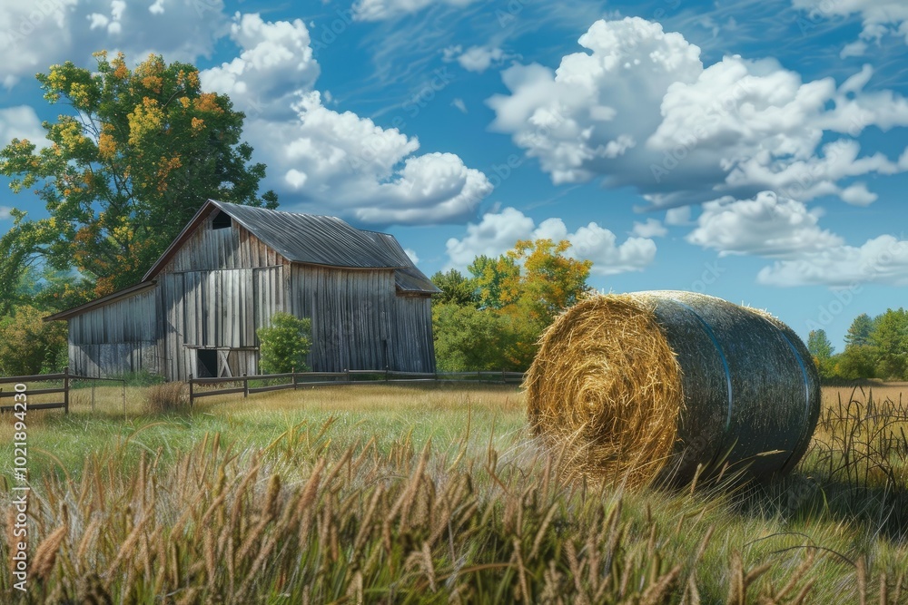Poster hay bale resting in a field with an old barn and colorful autumn trees in the background on a sunny 