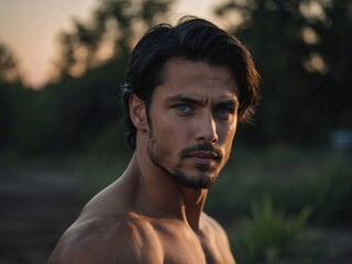 A young man with blue eyes poses outdoors with natural lighting, showcasing his strong features and a contemplative expression.