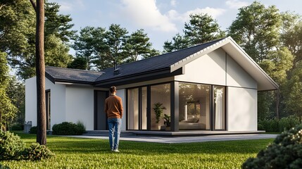 Portrait of a young couple standing in front of their modern house.