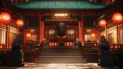 Obraz premium Traditional Chinese temple entrance with red lanterns and ornate architecture