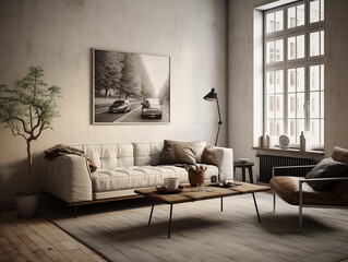 Simple minimalist japandi and wabi sabi style living room with reclaimed wood furniture in neutral colors. Reused materials furniture. Rustic interior.