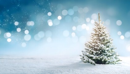 Obraz premium Christmas tree isolated on a snow background with bokeh lightning, abstract background banner with copy space