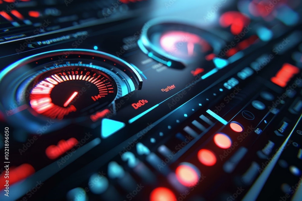 Poster futuristic looking interface is glowing red and blue with many buttons and a speedometer