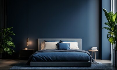 Home mockup, cozy dark blue bedroom interior background