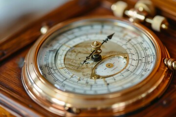 Golden antique pocket watch resting on wood, with hands ticking forward and shallow depth of field
