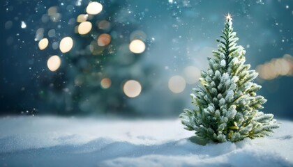 Obraz premium Christmas tree isolated on a snow background with bokeh lightning, abstract background banner with copy space