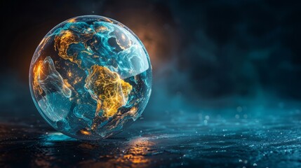 The image depicts a view of Earth rendered in a digital style, emphasizing bright, glowing details that highlight the continents. 