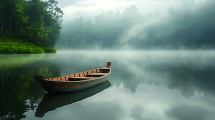 Wooden Rowboat on Tranquil Foggy Lake with Forest Background