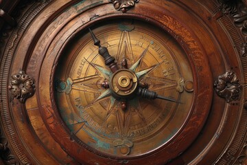Obraz premium Close up of a beautiful antique brass astrolabe, showing constellations, on a wooden background