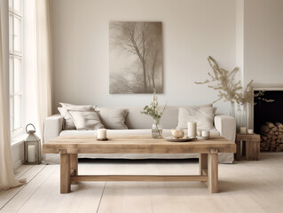 Simple minimalist japandi and wabi sabi style living room with reclaimed wood furniture in neutral colors. Reused materials furniture. Rustic interior.