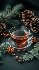 Warm herbal tea sits in a clear glass cup beside bright orange sea buckthorn berries and scattered pinecones, creating a rustic winter ambiance.