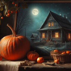 pumpkin in the foreground, an old house in the background at night and moonlight