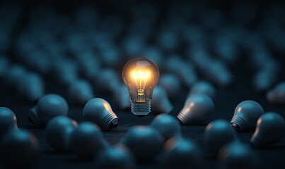 One of Lightbulb glowing among shutdown light bulb in dark area with copy space for creative thinking , problem solving solution and outstanding concept