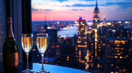 Champagne glasses on a table by a window with a view of the New York City skyline at night generative ai