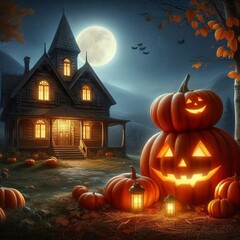 pumpkin in the foreground, an old house in the background at night and moonlight