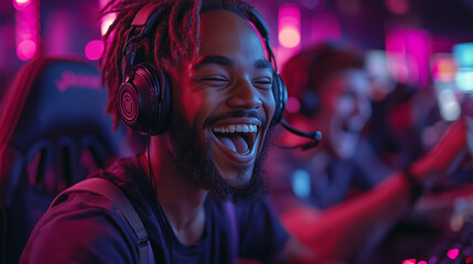A group of gamers celebrating a close victory in an online team-based game, using voice chat and cheering through their headsets.