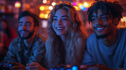 A group of friends playing a party game on a console, laughing and competing in mini-games while using wireless gamepads.