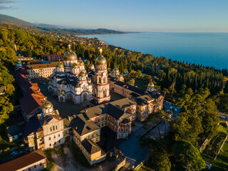 Obraz premium Top view of orthodox monastery in novy afon, abkhazia. christian temple in new athos. photo from above.