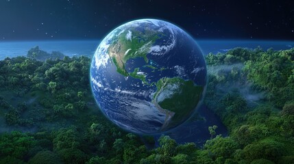 Obraz premium The lush, green planet Earth is illuminated by soft sunlight, showcasing global hope and commitment to environmental protection amidst vibrant garden foliage