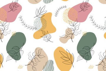 Seamless abstract pattern with botanical illustration and abstract colorful stains. Vector, nice illustration for wallpaper, textile, decoration, print.