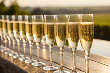 Row of elegant champagne glasses filled with sparkling wine, blurred backdrop with green nature landscape and soft sunlight, festive mood. For celebrations, events, parties, weddings or luxury themes