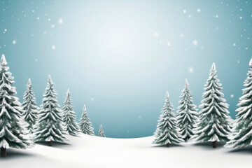 Fototapeta premium Serene winter landscape with snow-covered evergreen trees under soft, pale blue sky with delicate snowflakes falling. Peaceful scene, calm and beauty of winter season. For holiday and seasonal designs