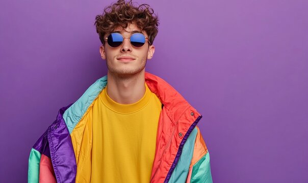 pretty young male hold empty space wear trendy colorful outfit isolated on violet color background