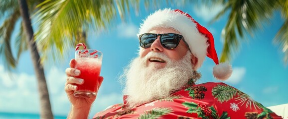 Jolly man in festive attire enjoys a tropical beverage under palm trees during a sunny Christmas celebration. Wide web banner.