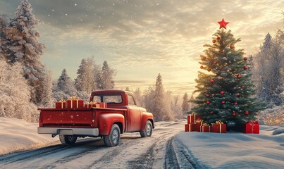 Pickup truck in a winter forest with a christmas tree and gift boxes