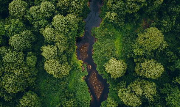 Overgrown mineralized river landscape, drone image