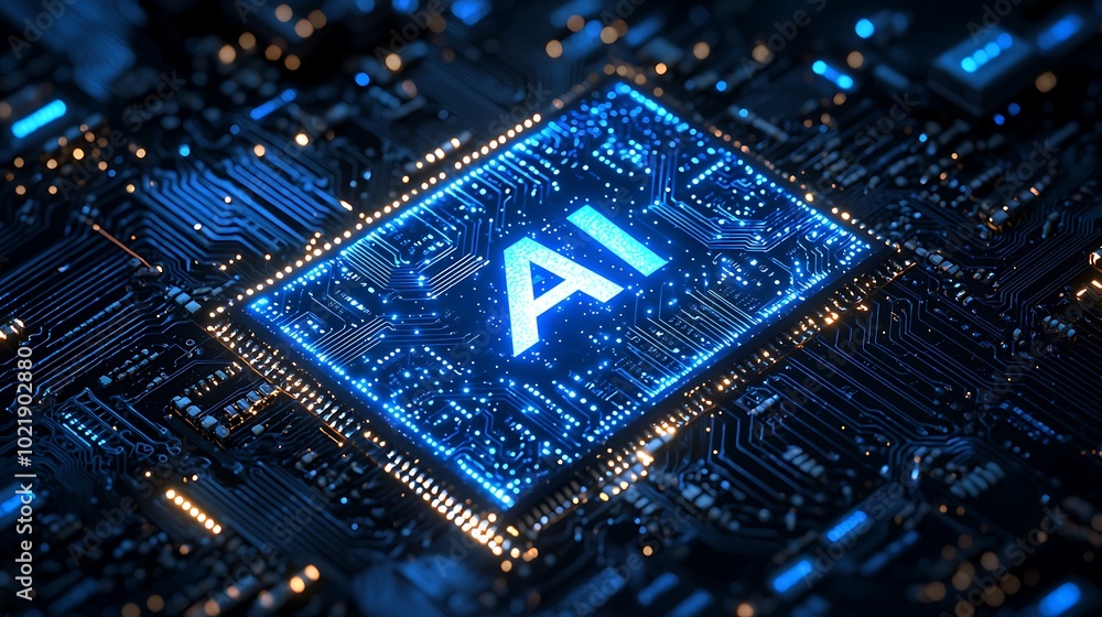 Poster ai chip on a circuit board, representing artificial intelligence and technology