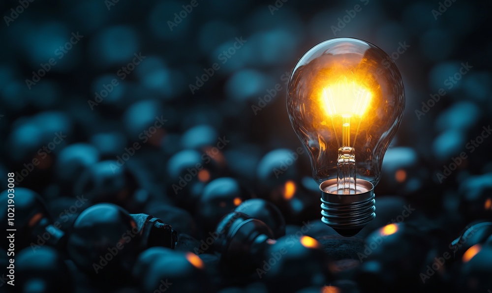 Poster one of lightbulb glowing among shutdown light bulb in dark area with copy space for creative thinkin