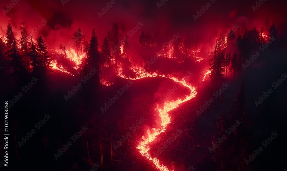 Poster heatmap of a forest fire's spread, with intense reds and oranges tracing the fire's path, cooler ton