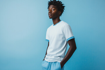 Person in white t-shirt with blue edges and blue sweatpants, blue studio background, half-body portrait