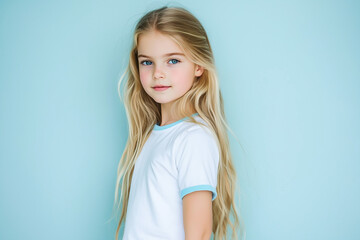 Obraz premium Person in white t-shirt with blue edges and blue sweatpants, blue studio background, half-body portrait