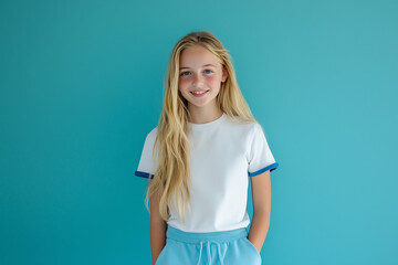 Person in white t-shirt with blue edges and blue sweatpants, blue studio background, half-body portrait